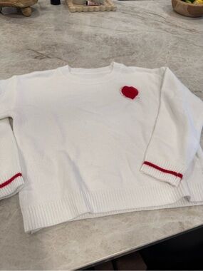 White Women's Crewneck Sweater with Red Heart Detail